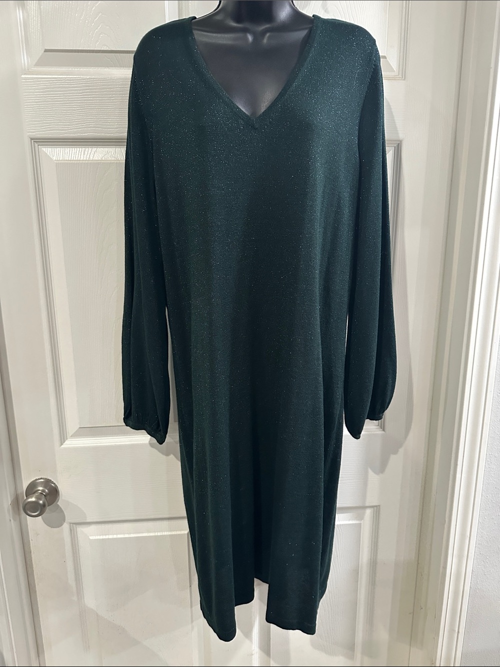 Belle by Kim Gravel Dark Green Sparkle V-Neck Midi Dress